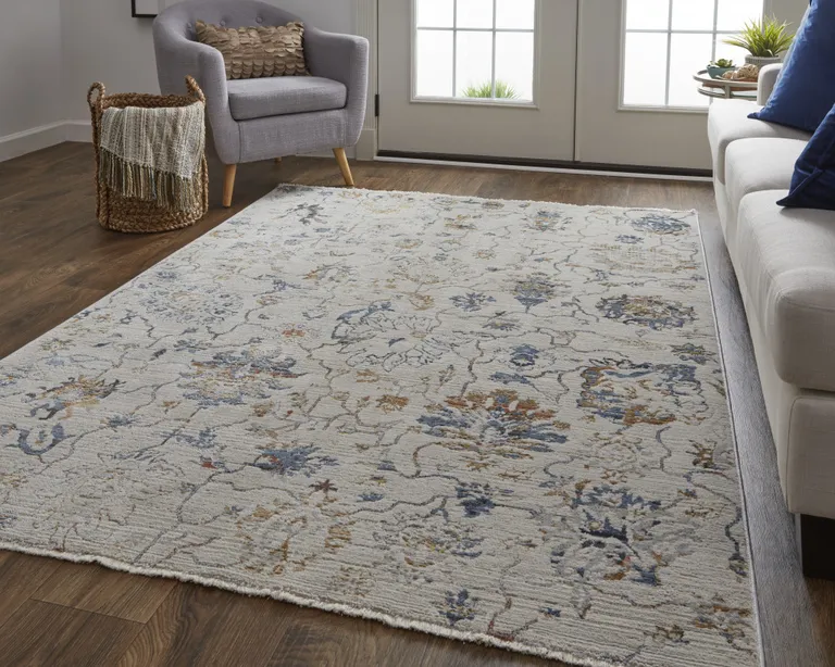 Ivory Orange And Blue Floral Power Loom Distressed Area Rug With Fringe Photo 4