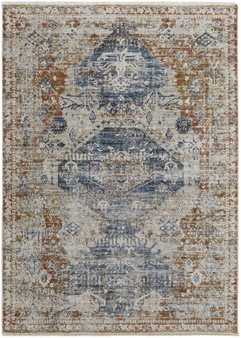 Ivory Orange And Blue Floral Power Loom Distressed Area Rug With Fringe Photo 1