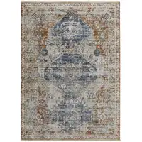 Photo of Ivory Orange And Blue Floral Power Loom Distressed Area Rug With Fringe