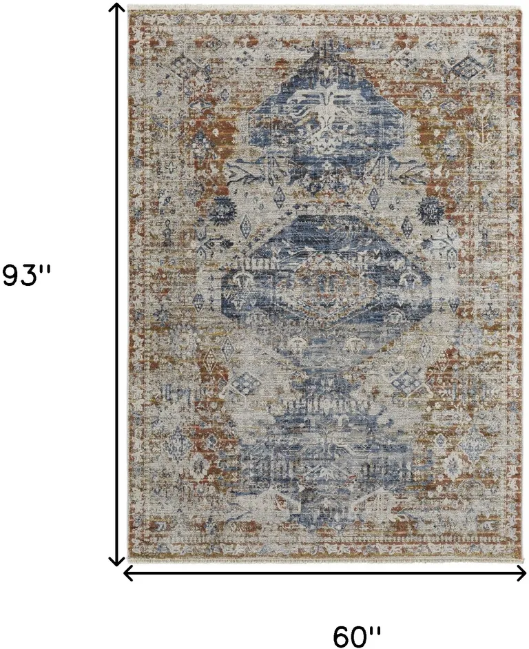 Ivory Orange And Blue Floral Power Loom Distressed Area Rug With Fringe Photo 4