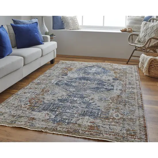 Ivory Orange And Blue Floral Power Loom Distressed Area Rug With Fringe Photo 2