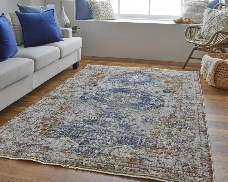 Ivory Orange And Blue Floral Power Loom Distressed Area Rug With Fringe Photo 2