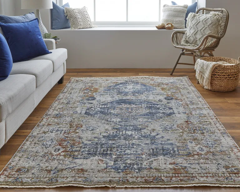 Ivory Orange And Blue Floral Power Loom Distressed Area Rug With Fringe Photo 3