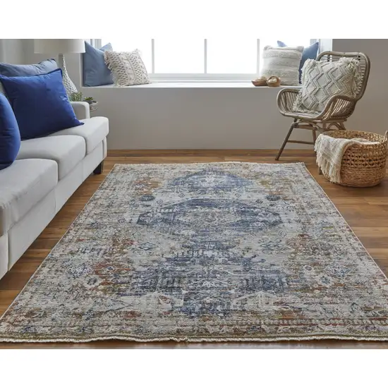 Ivory Orange And Blue Floral Power Loom Distressed Area Rug With Fringe Photo 3