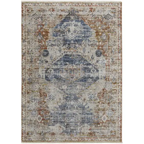 Ivory Orange And Blue Floral Power Loom Distressed Area Rug With Fringe Photo 1