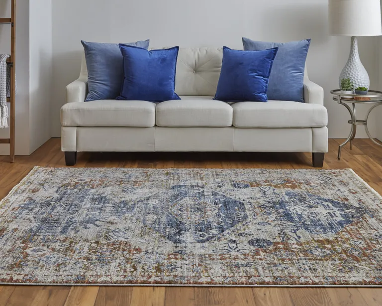 Ivory Orange And Blue Floral Power Loom Distressed Area Rug With Fringe Photo 4