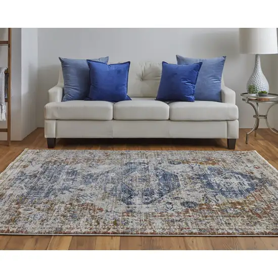 Ivory Orange And Blue Floral Power Loom Distressed Area Rug With Fringe Photo 7