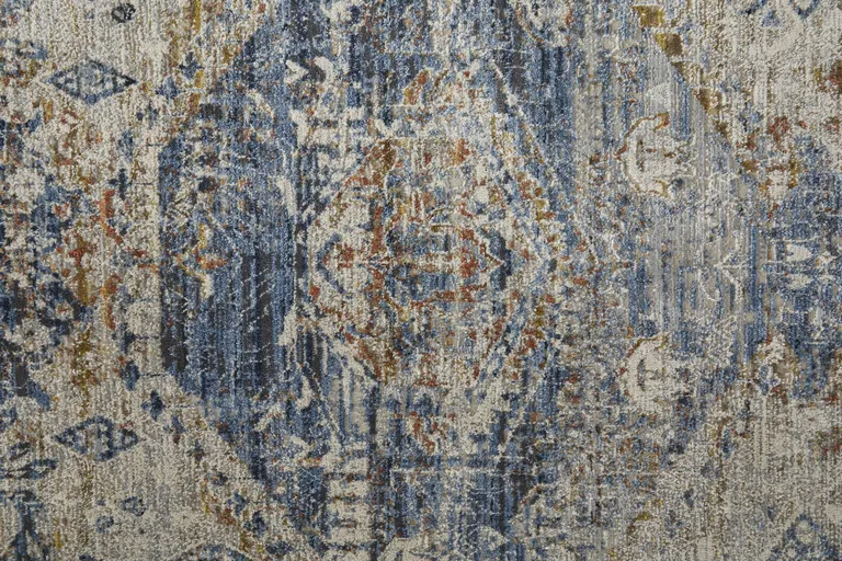 Ivory Orange And Blue Floral Power Loom Distressed Area Rug With Fringe Photo 2