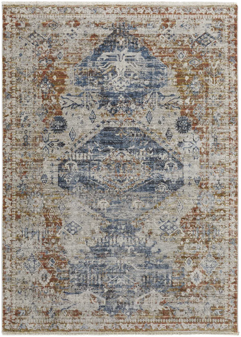 Ivory Orange And Blue Floral Power Loom Distressed Area Rug With Fringe Photo 3