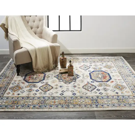 Ivory Orange And Blue Floral Stain Resistant Area Rug Photo 8