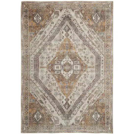 Ivory Blue and Orange Medallion Distressed Washable Area Rug Photo 1