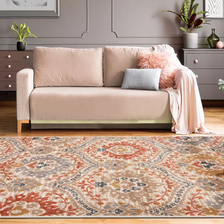 Ivory Orange And Gray Floral Stain Resistant Area Rug Photo 5