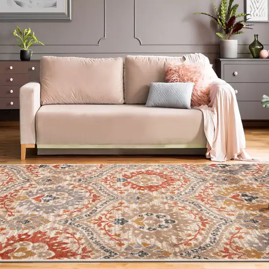 Ivory Orange And Gray Floral Stain Resistant Area Rug Photo 5