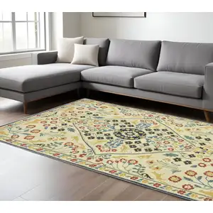 Photo of Ivory Orange And Navy Blue Oriental Area Rug With Fringe