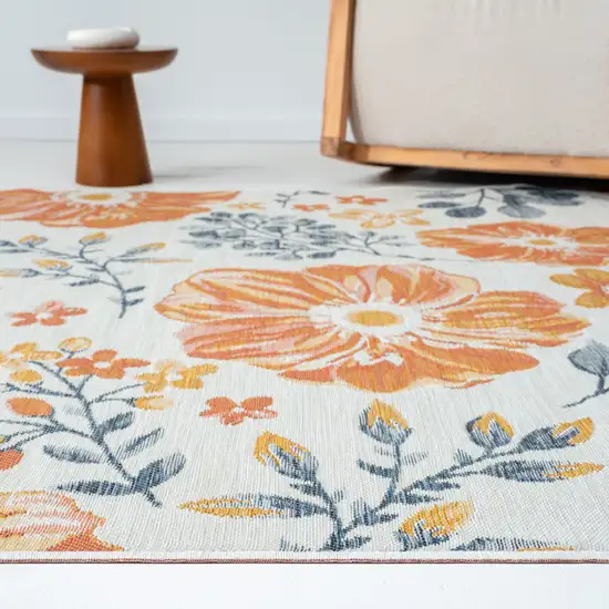 Ivory Orange and Blue Floral Stain Resistant Indoor Outdoor Runner Rug Photo 7