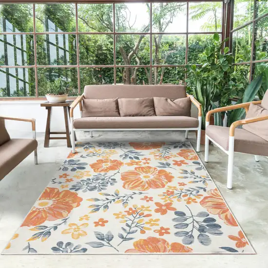 Ivory Orange and Blue Floral Stain Resistant Indoor Outdoor Runner Rug Photo 8