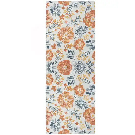 Ivory Orange and Blue Floral Stain Resistant Indoor Outdoor Runner Rug Photo 2