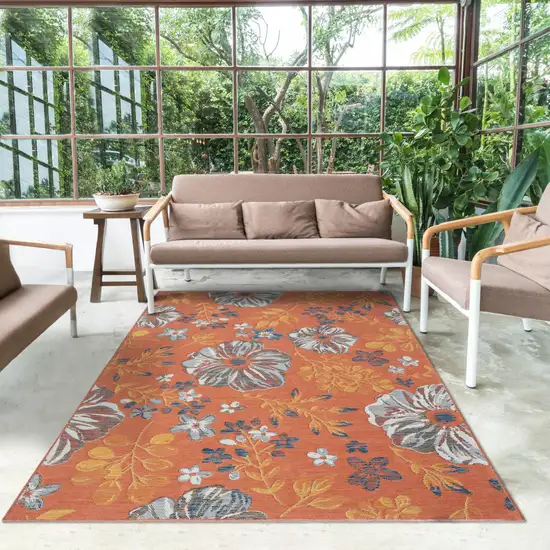 Ivory Orange and Blue Floral Stain Resistant Indoor Outdoor Runner Rug Photo 9