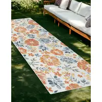 Photo of Ivory Orange and Blue Floral Stain Resistant Indoor Outdoor Runner Rug