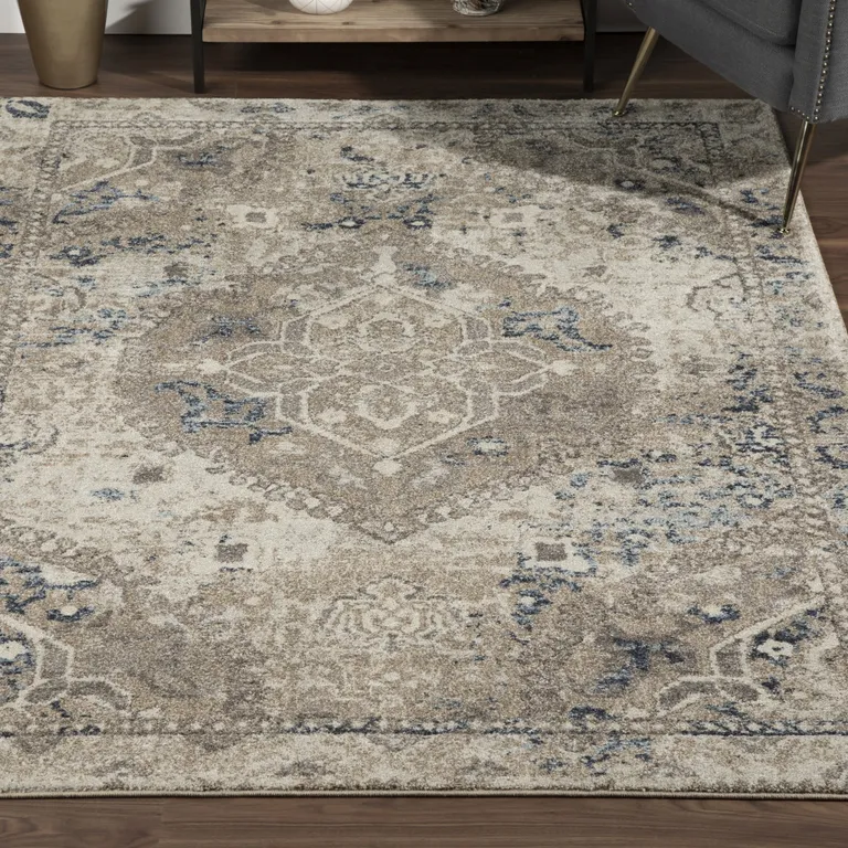 Ivory Oriental Distressed Area Rug Photo 3