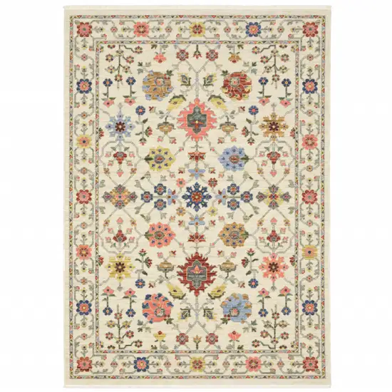 Ivory Oriental Power Loom Stain Resistant Area Rug With Fringe Photo 1