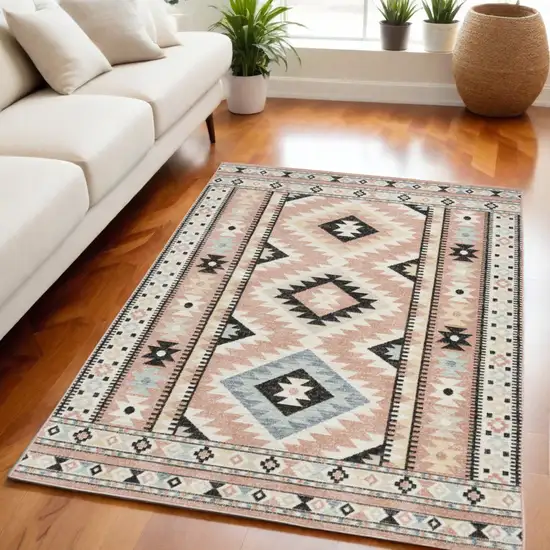 Ivory Pink And Black Geometric Flatweave Area Rug Photo 1