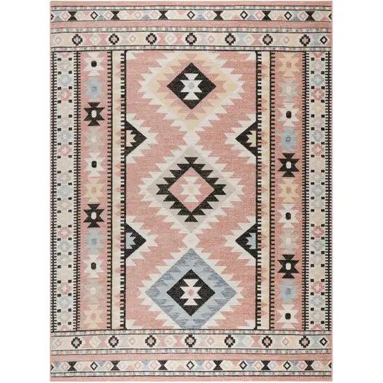 Ivory Pink And Black Geometric Flatweave Area Rug Photo 5