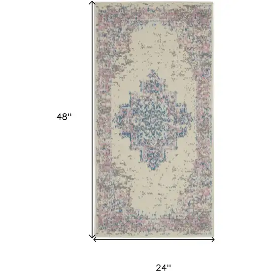 Ivory Pink And Blue Medallion Distressed Area Rug Photo 3