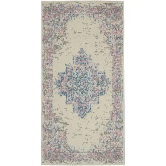 Ivory Pink And Blue Medallion Distressed Area Rug Photo 2