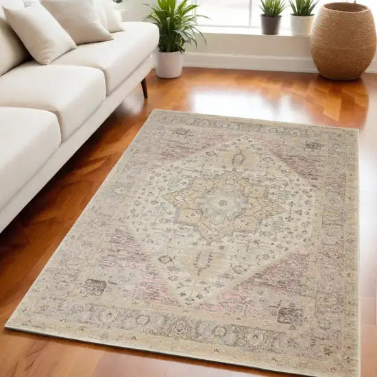 Ivory Pink And Gray Floral Distressed Area Rug Photo 1