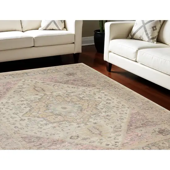 Ivory Pink And Gray Floral Medallion Distressed Area Rug Photo 1