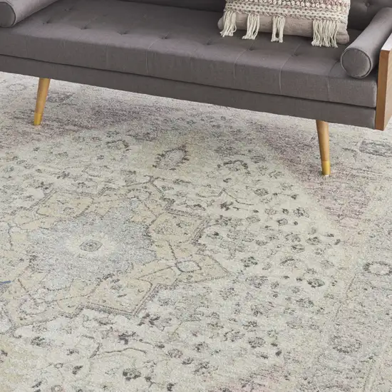 Ivory Pink And Gray Floral Medallion Distressed Area Rug Photo 9