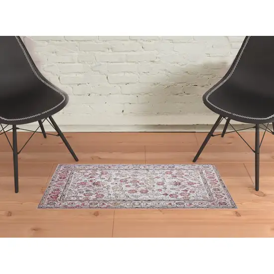 Ivory Pink And Gray Floral Stain Resistant Area Rug Photo 4