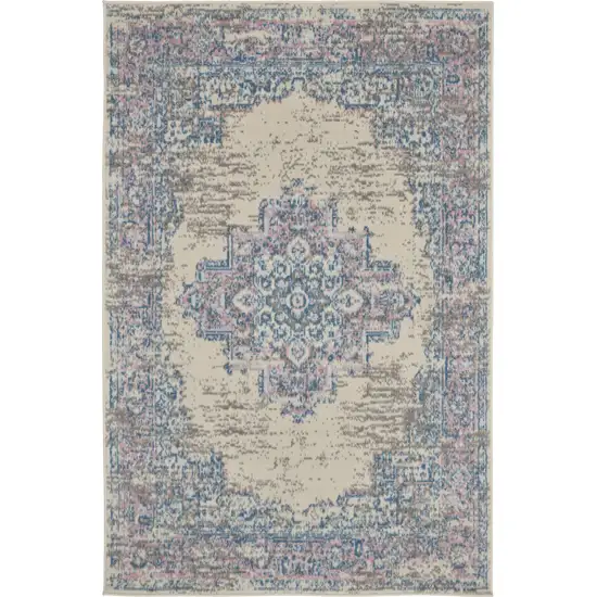 Ivory Pink and Blue Medallion Distressed Non Skid Area Rug Photo 2