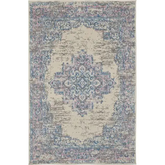 Ivory Pink and Blue Medallion Distressed Non Skid Area Rug Photo 5