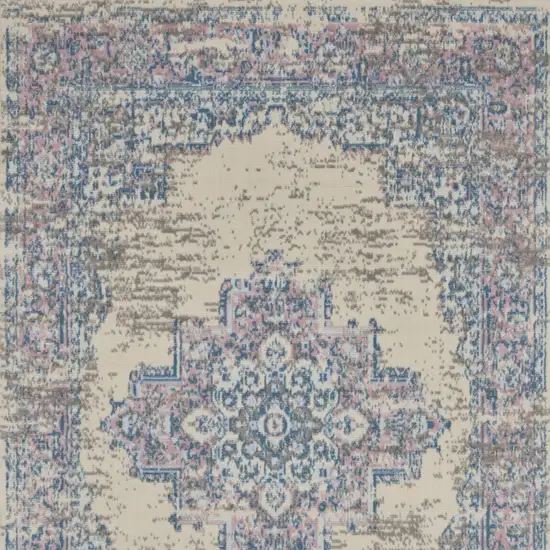 Ivory Pink and Blue Medallion Distressed Non Skid Area Rug Photo 4