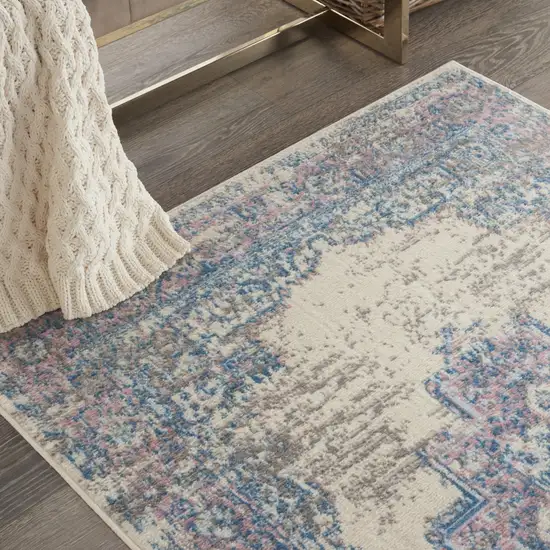 Ivory Pink and Blue Medallion Distressed Non Skid Area Rug Photo 8