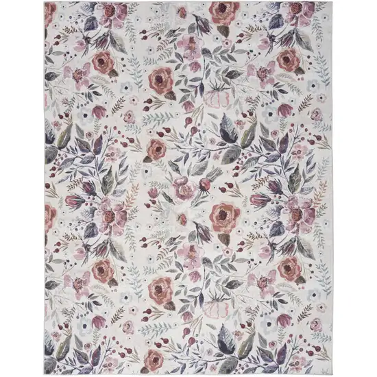 Ivory Pink and Green Floral Power Loom Washable Non Skid Area Rug Photo 1