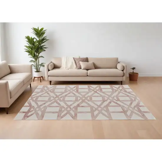 Ivory Pink and Tan Wool Geometric Hand Tufted Area Rug Photo 1