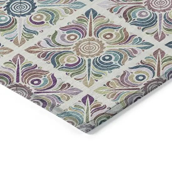 Ivory Purple And Teal Blue Medallion Washable Indoor Outdoor Area Rug Photo 5