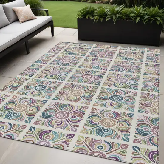 Ivory Purple And Teal Blue Medallion Washable Indoor Outdoor Area Rug Photo 1