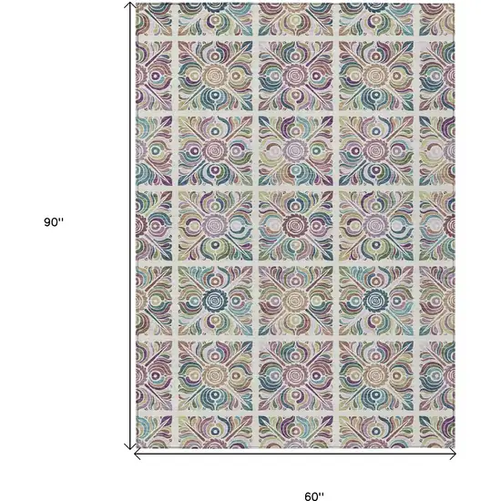 Ivory Purple And Teal Blue Medallion Washable Indoor Outdoor Area Rug Photo 3