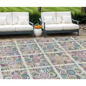 Photo of Ivory Purple And Teal Blue Medallion Washable Indoor Outdoor Area Rug