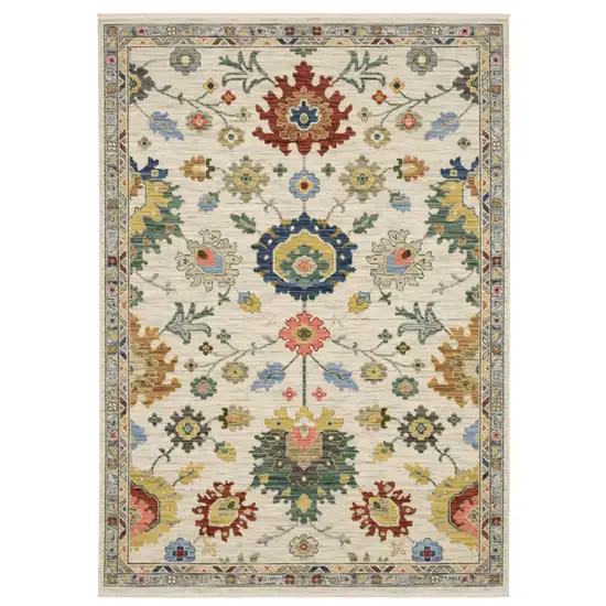 Ivory Red And Blue Oriental Area Rug With Fringe Photo 4