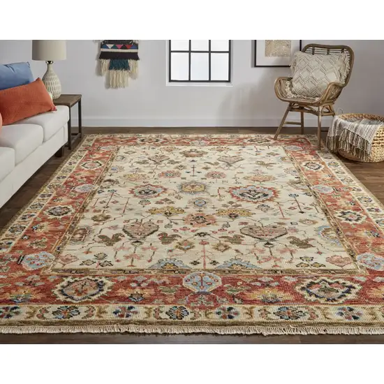 Ivory Red And Blue Wool Floral Hand Knotted Stain Resistant Area Rug Photo 7