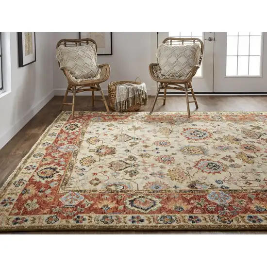 Ivory Red And Blue Wool Floral Hand Knotted Stain Resistant Area Rug Photo 9