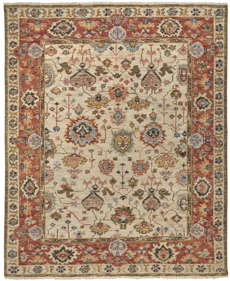 Ivory Red And Blue Wool Floral Hand Knotted Stain Resistant Area Rug Photo 1