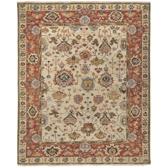 Ivory Red And Blue Wool Floral Hand Knotted Stain Resistant Area Rug Photo 1