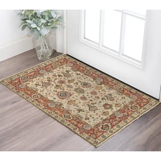 Red and Ivory Wool Floral Hand Knotted Area Rug Photo 1