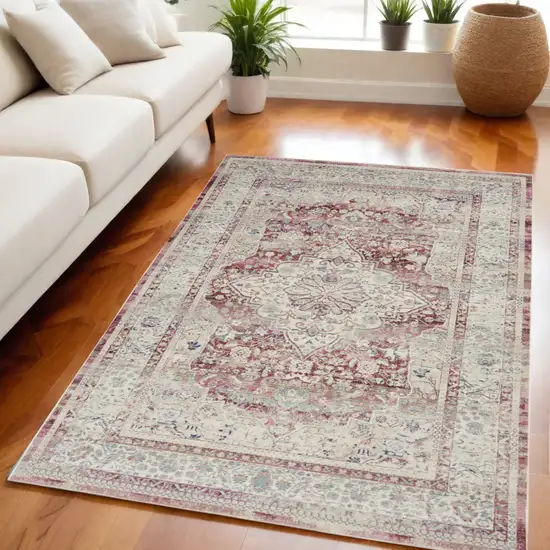 Ivory Red And Brown Floral Distressed Area Rug Photo 1